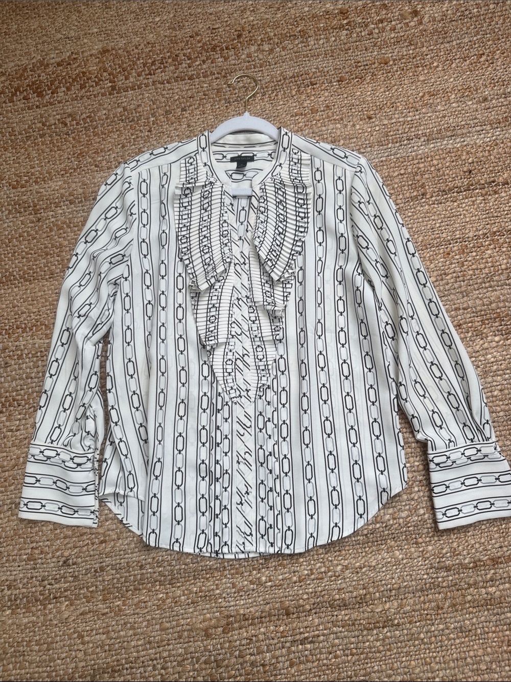 Ann Taylor White Shirt with Black Chain-Stripe Ruffle Front